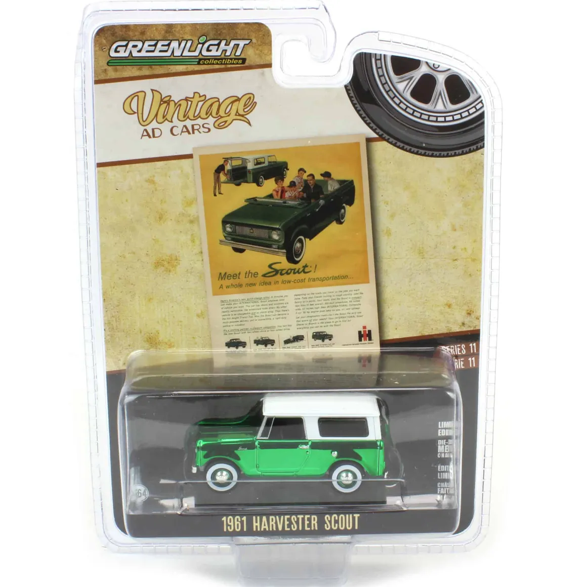 Chrome Super Chase Unit ~ 1/64 1961 Harvester Scout “Meet the Scout!", Vintage Ad Cars Series 11