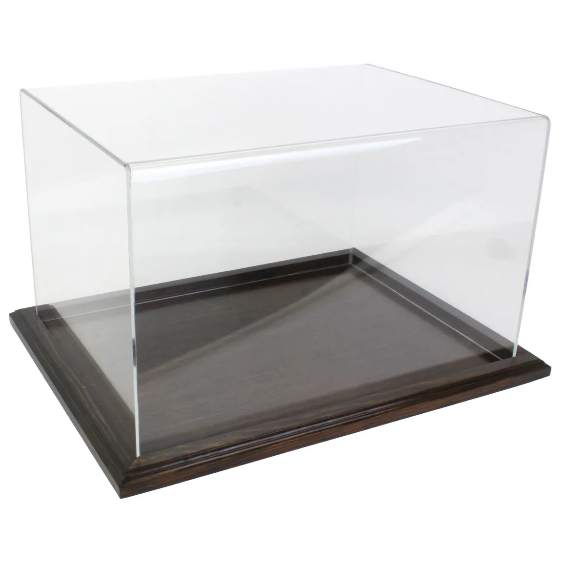 Clear Acrylic Display Case with Dark Stained Wooden Base, 16in x 12in x 10in