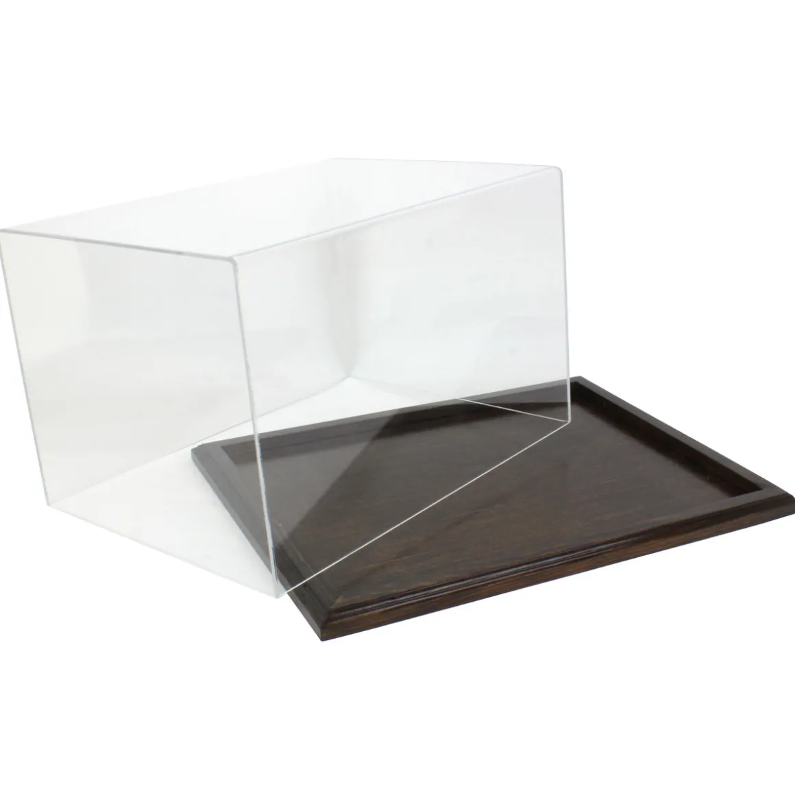 Clear Acrylic Display Case with Dark Stained Wooden Base, 16in x 12in x 10in