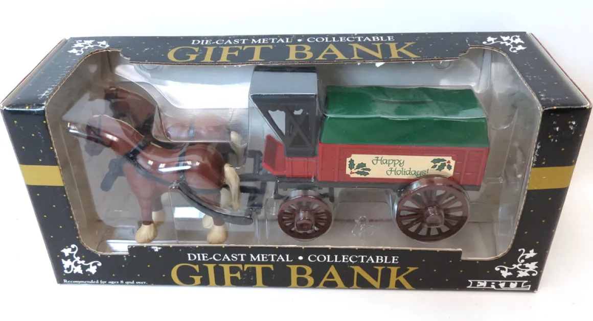 ERTL Die-cast Horse Drawn Cart Gift Bank, Happy Holidays