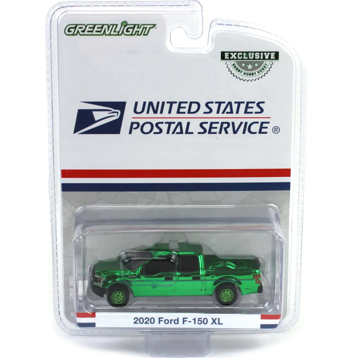 Green Chrome Chase Unit ~ 1/64 2020 Ford F-150 XL, United States Postal Service (USPS) Postal Police, Hobby Exclusive