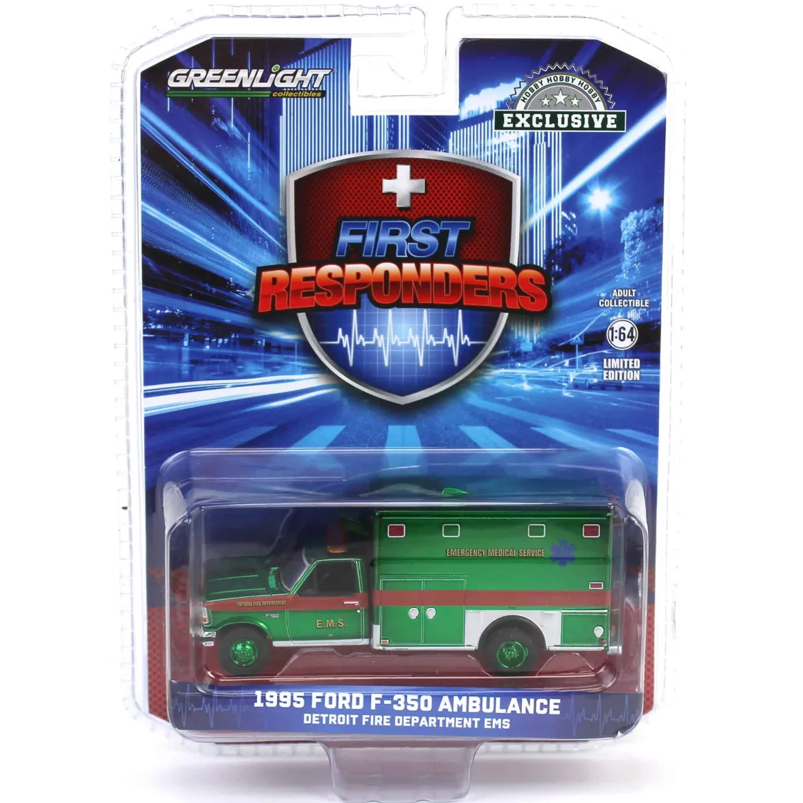 Green Chrome Chase Unit ~ 1/64 1995 Ford F-350 Ambulance, Detroit First Dept. EMS, First Responders, Hobby Exclusive
