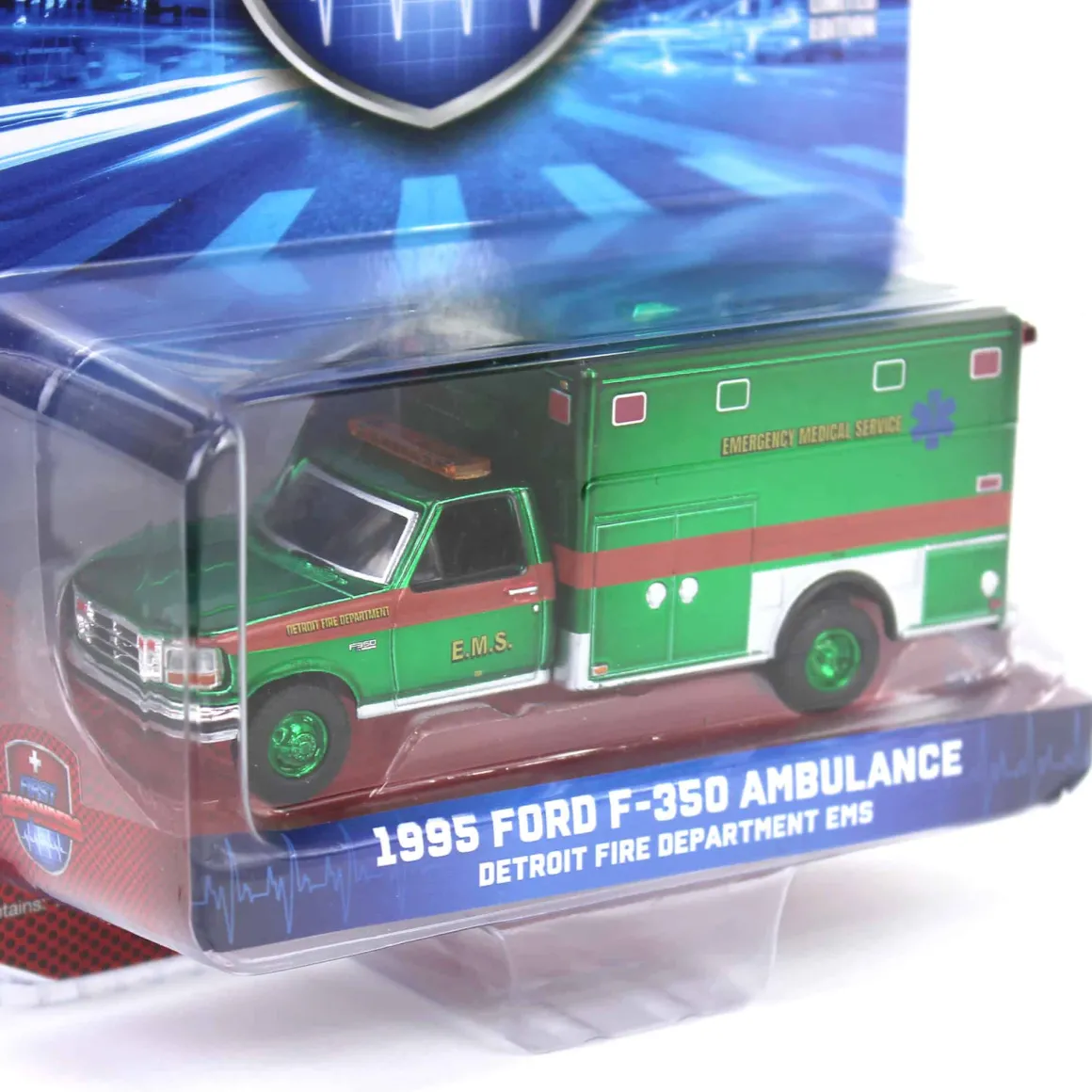 Green Chrome Chase Unit ~ 1/64 1995 Ford F-350 Ambulance, Detroit First Dept. EMS, First Responders, Hobby Exclusive