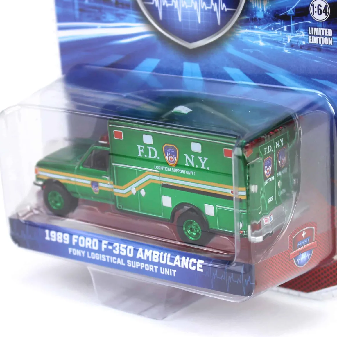 Green Chrome Chase Unit ~ 1/64 1989 Ford F-350 Ambulance - FDNY Logistical Support Unit, First Responders, Hobby Exclusive