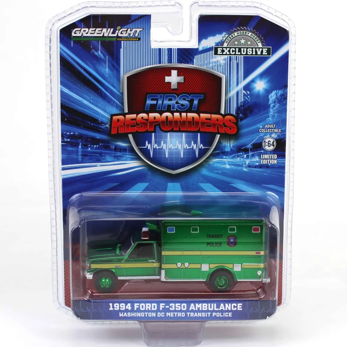 Green Chrome Chase Unit ~ 1/64 1994 Ford F-350 Ambulance, Washington DC Metro Transit Police, First Responders, Hobby Exclusive