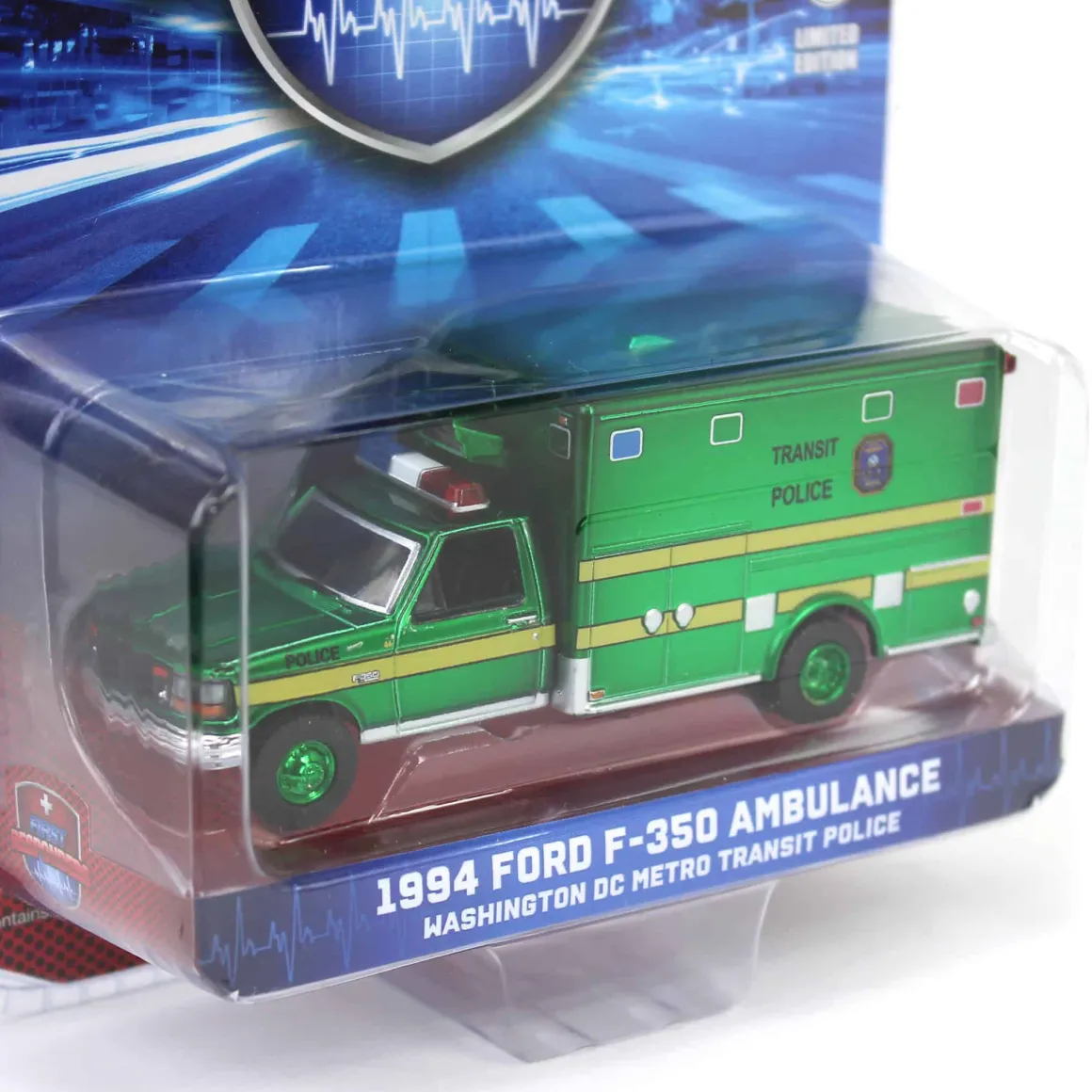 Green Chrome Chase Unit ~ 1/64 1994 Ford F-350 Ambulance, Washington DC Metro Transit Police, First Responders, Hobby Exclusive