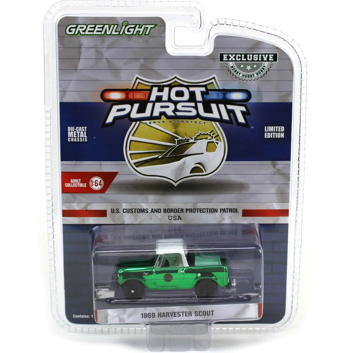 Green Chrome Super Chase ~ 1/64 1969 Harvester Scout Half Cab, US Customs & Border Patrol, Hot Pursuit Special Edition