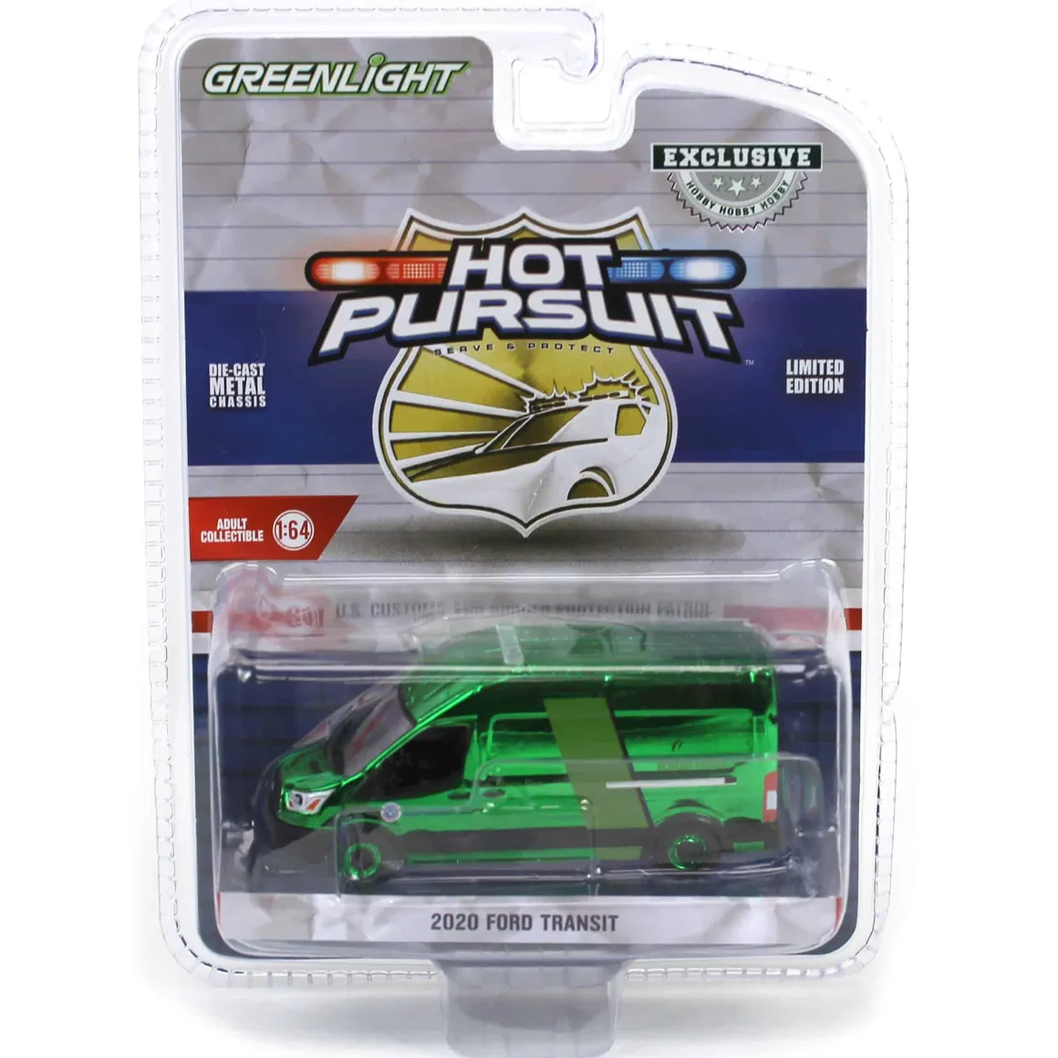 Green Chrome Super Chase ~ 1/64 2020 Ford Transit LWB High Roof, US Customs & Border Patrol, Hot Pursuit Special Edition