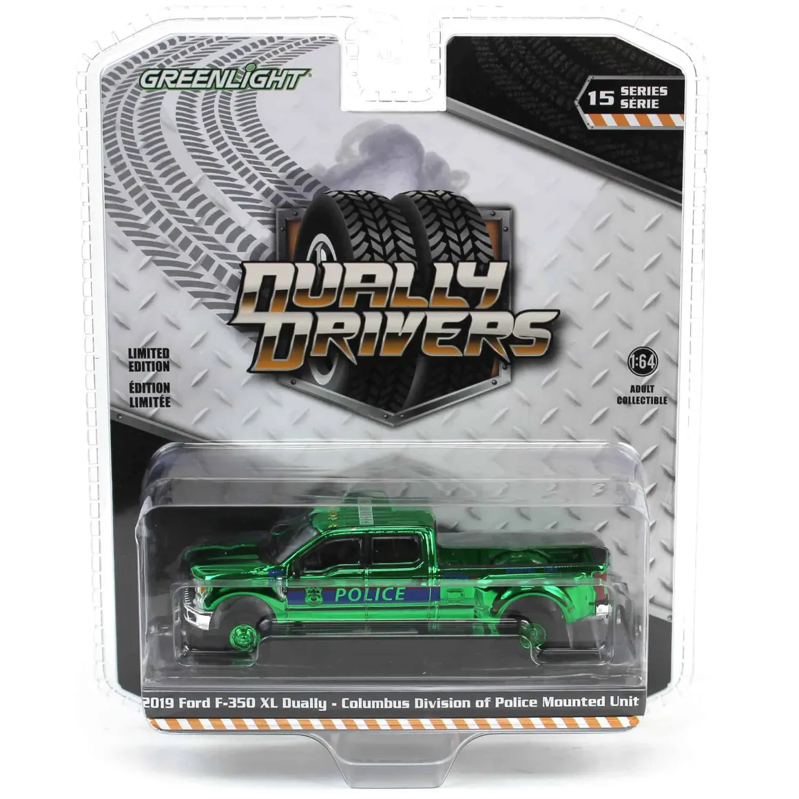 Green Chrome Super Chase ~ 1/64 2019 Ford F-350 XL Dually, Columbus Division of Police Mounted Unit, Dually Drivers Series 15