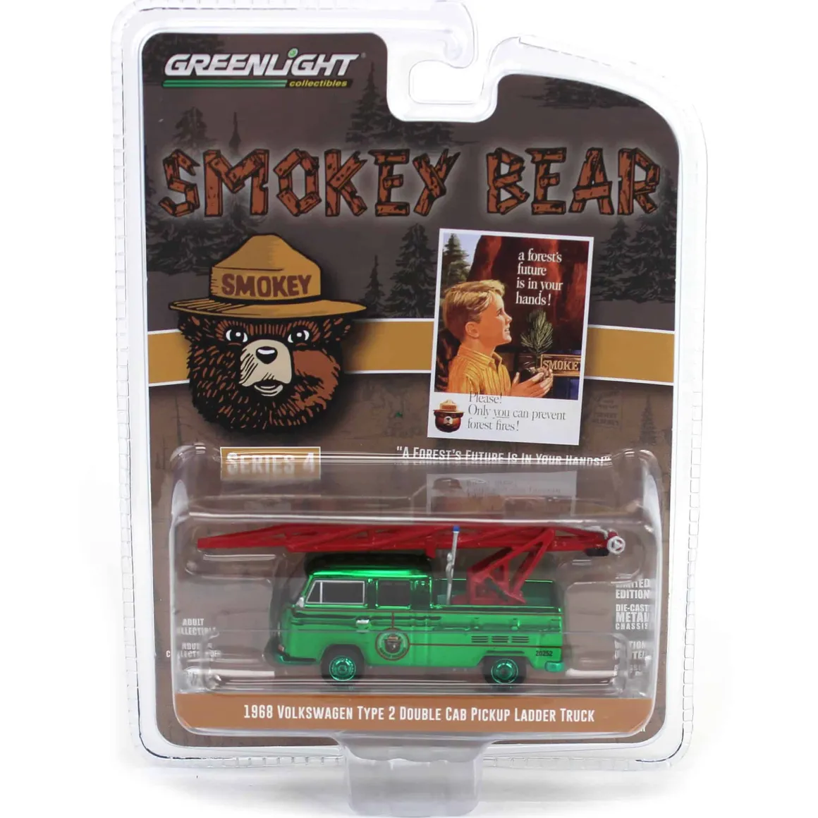 Green Chrome Super Chase ~ 1/64 1968 Volkswagen Type 2 Double Cab Pickup Ladder Truck, Smokey Bear Series 4