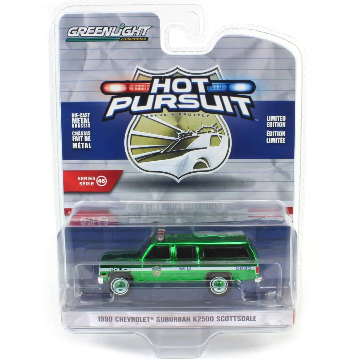 Green Chrome Super Chase ~ 1/64 1990 Chevrolet Suburban K2500 Scottsdale, NYPD, Hot Pursuit Series 46