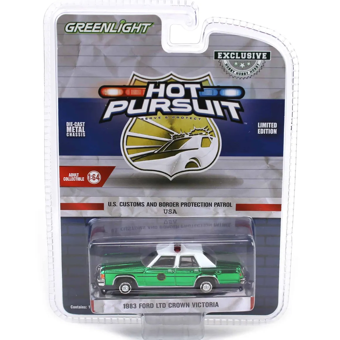 Green Chrome Super Chase ~ 1/64 1983 Ford LTD Crown Victoria, US Customs & Border Patrol, Hot Pursuit Special Edition