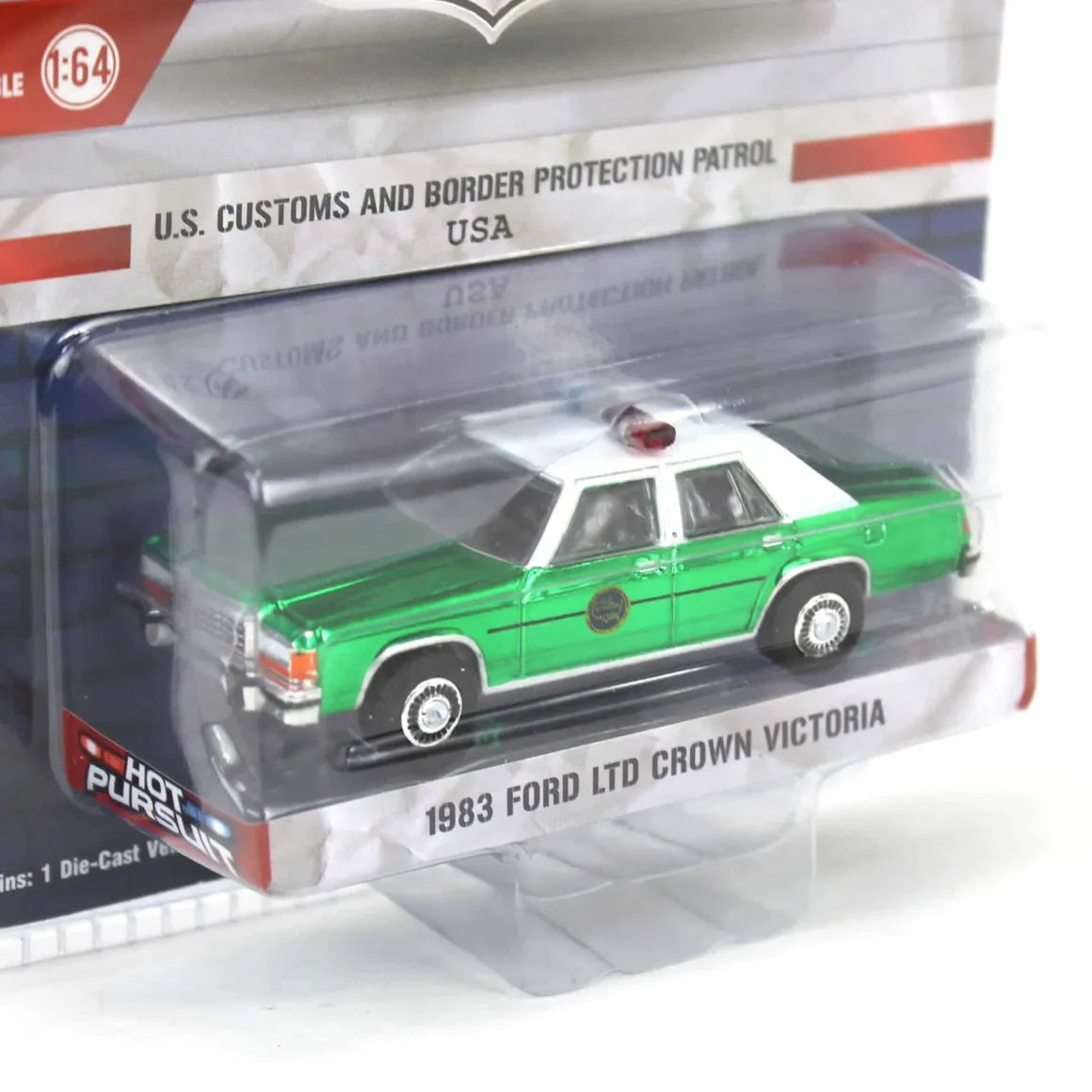 Green Chrome Super Chase ~ 1/64 1983 Ford LTD Crown Victoria, US Customs & Border Patrol, Hot Pursuit Special Edition