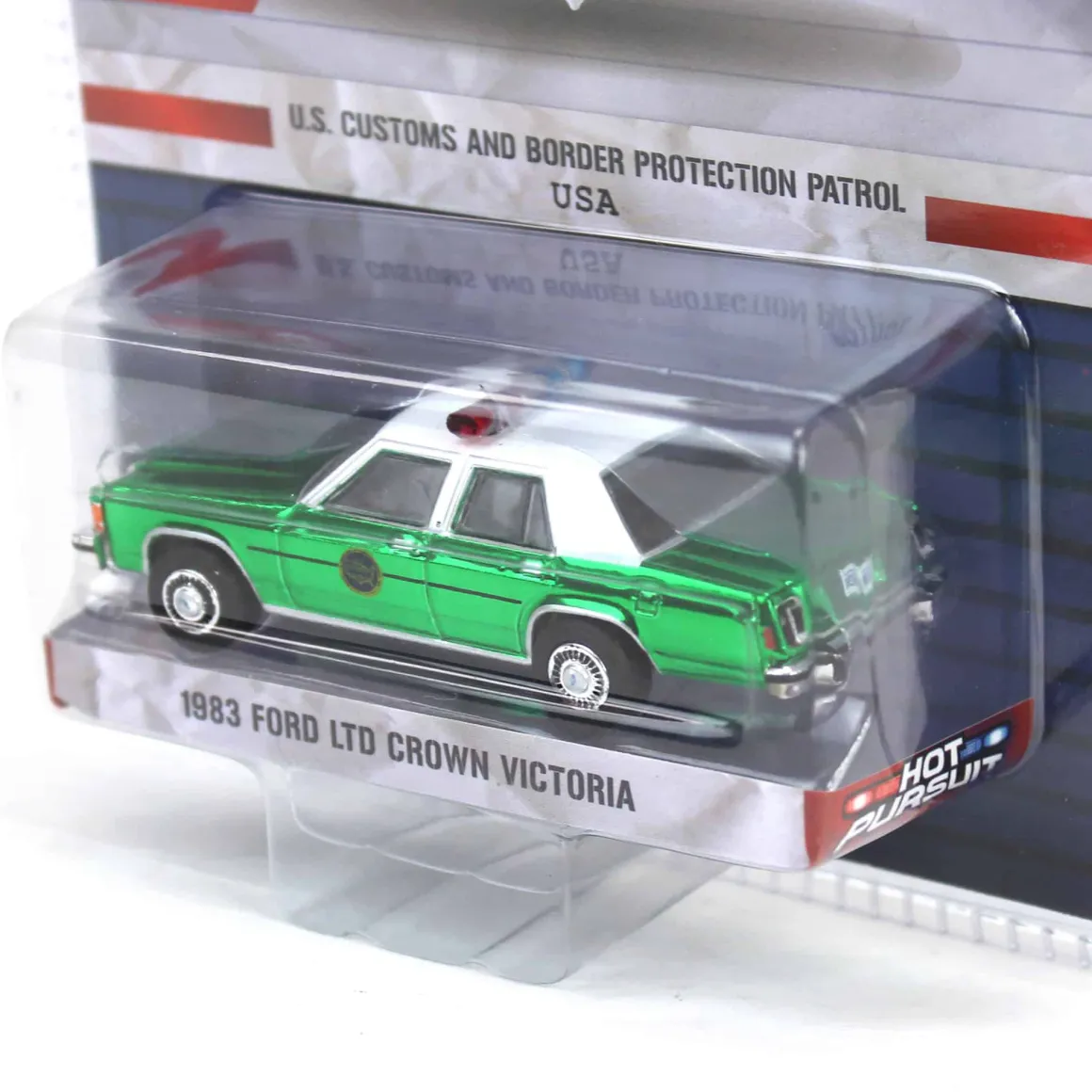 Green Chrome Super Chase ~ 1/64 1983 Ford LTD Crown Victoria, US Customs & Border Patrol, Hot Pursuit Special Edition