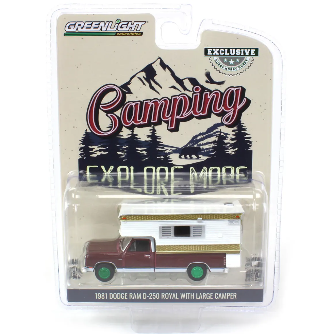 Green Machine ~ 1/64 1981 Dodge Ram D-250 Royal with Large Camper, Red and White