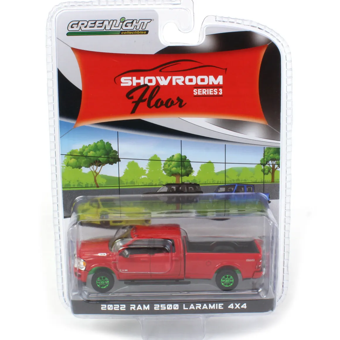 Green Machine ~ 1/64 2022 Ram 2500 Laramie 4x4, Flame Red, Showroom Floor Series 3