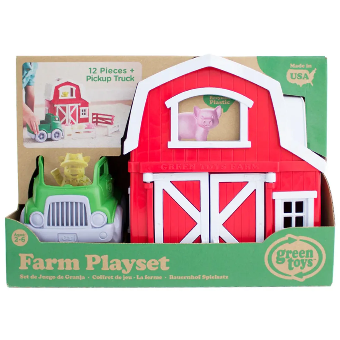 Green Toys Farm Playset with Barn, Pickup Truck, Animals & Fences