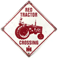 IH Farmall Distressed Vintage Red Tractor Crossing Tin Sign, 14in x 14in