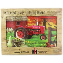 IH Farmall Super M Tractor with Animals Glass Cutting Board, 15.5in x 11.75in