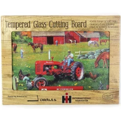 IH McCormick Farmall C Tractor in Farm Scene Glass Cutting Board, 15.5in x 11.75in