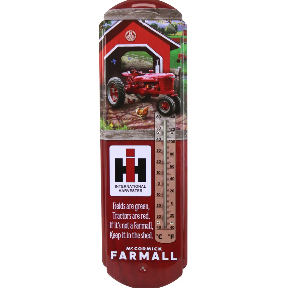 IH McCormick Farmall H Tractor Scene Metal Thermometer, 5.125in x 17.375in