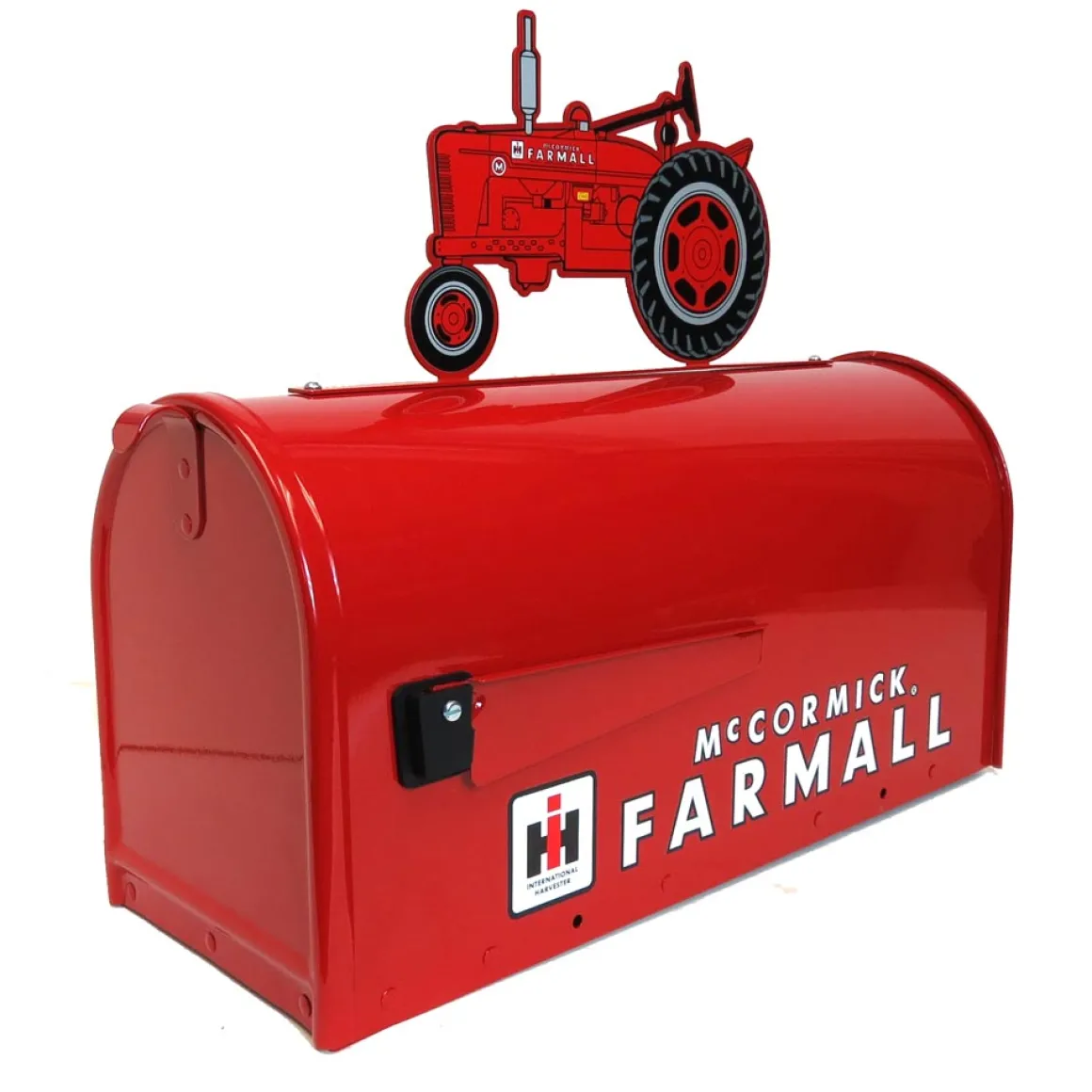 IH McCormick Farmall Red Steel Mailbox with Farmall M Tractor Topper