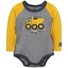 John Deere Infant Dump Truck Medium Heather Gray & Construction Yellow Onesie