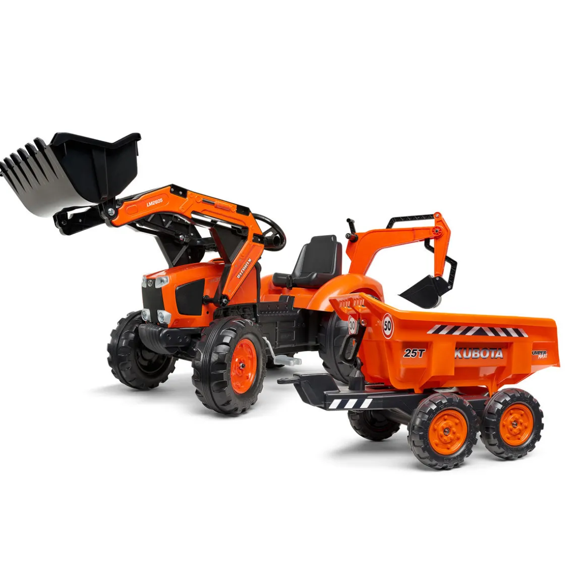 Kubota M135GX Pedal Backhoe w/ Front Loader, Rear Excavator & Trailer