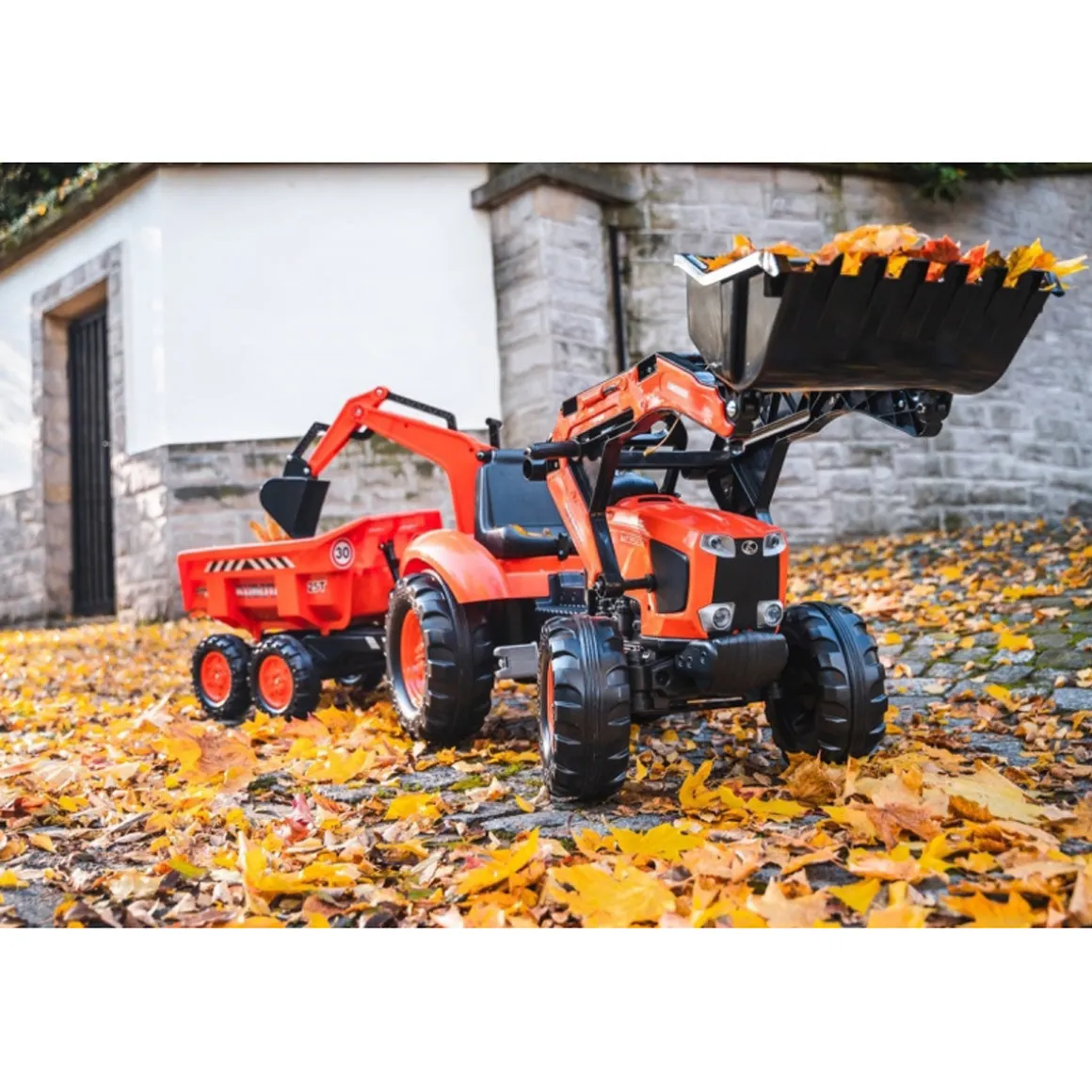 Kubota M135GX Pedal Backhoe w/ Front Loader, Rear Excavator & Trailer
