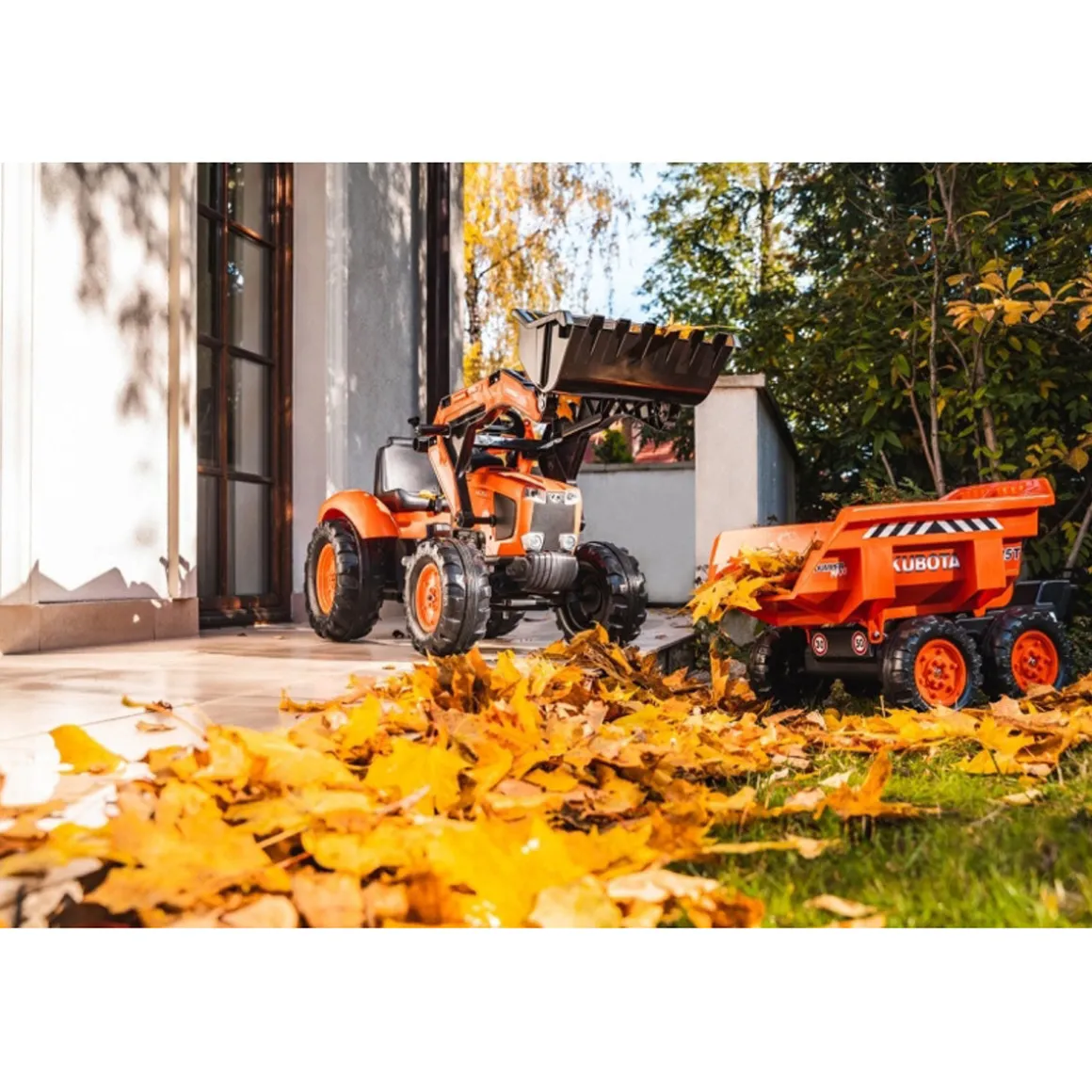 Kubota M135GX Pedal Backhoe w/ Front Loader, Rear Excavator & Trailer