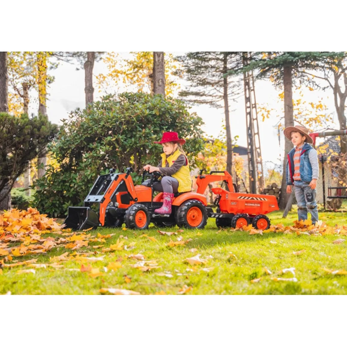 Kubota M135GX Pedal Backhoe w/ Front Loader, Rear Excavator & Trailer