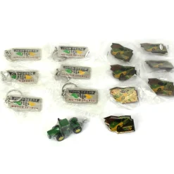Lot of (7) John Deere Pins, (6) John Deere Motor Sport Key Chains and (1) John Deere 9520 Tractor