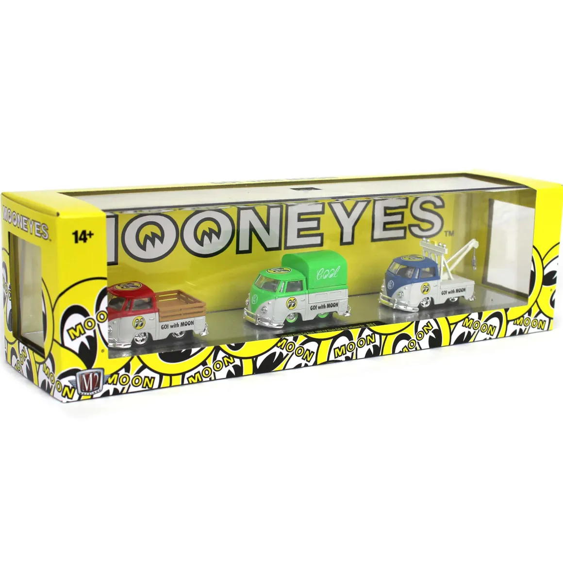 Mooneyes 1960 VW Truck 3-pack with Single Cab Truck, Single Cab Canvas Top Truck & Single Cab Tow Truck