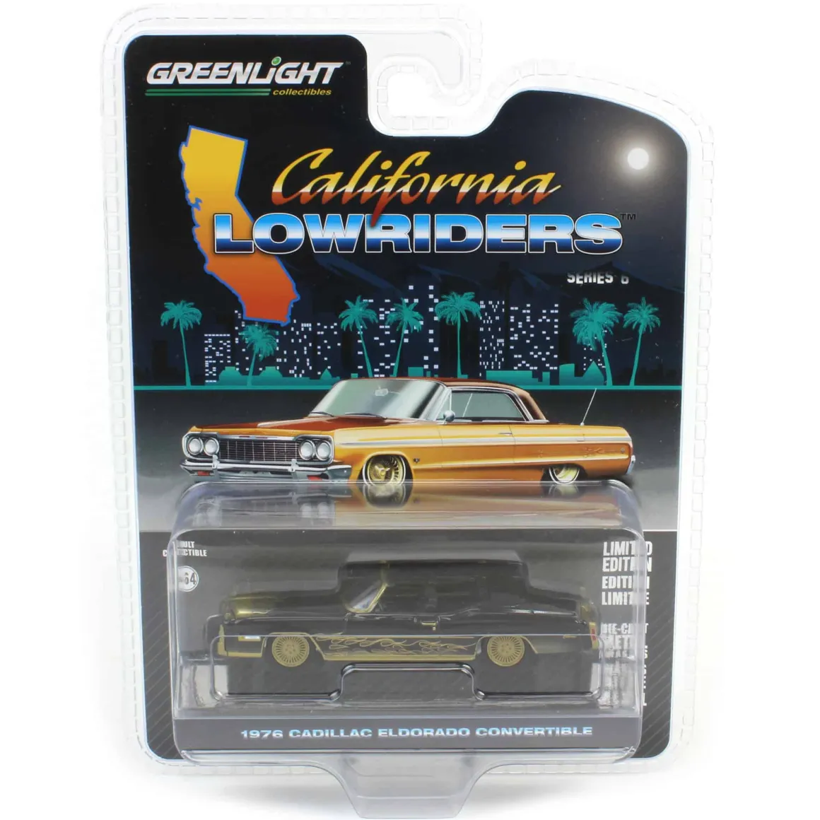 Pinstriped Chase ~ 1/64 1976 Cadillac Eldorado Convertible, Black & Gold, California Lowriders Series 6