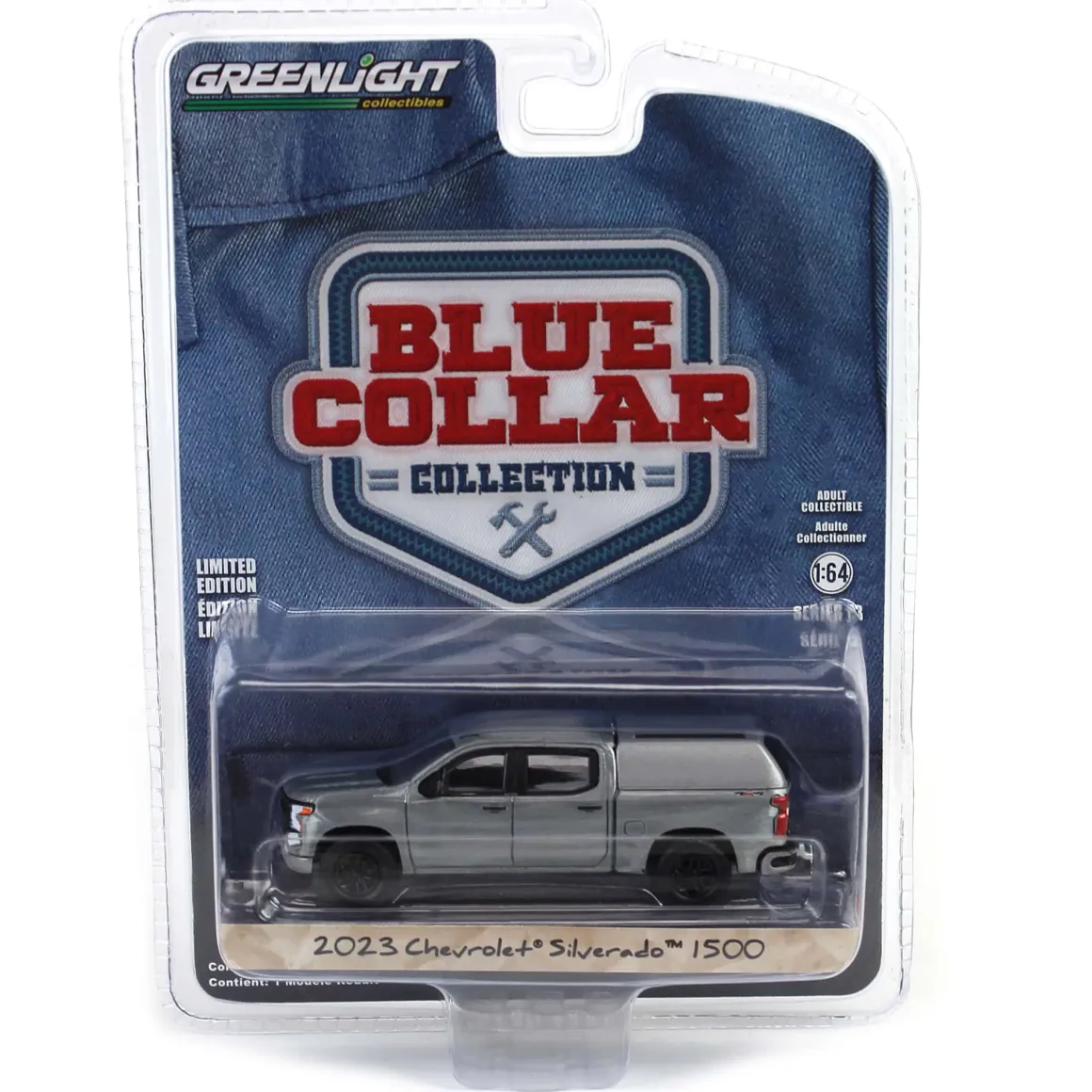 Raw Chase Unit ~ 1/64 2023 Chevrolet Silverado 1500 Custom with Camper Shell, Sterling Gray, Blue Collar Series 13
