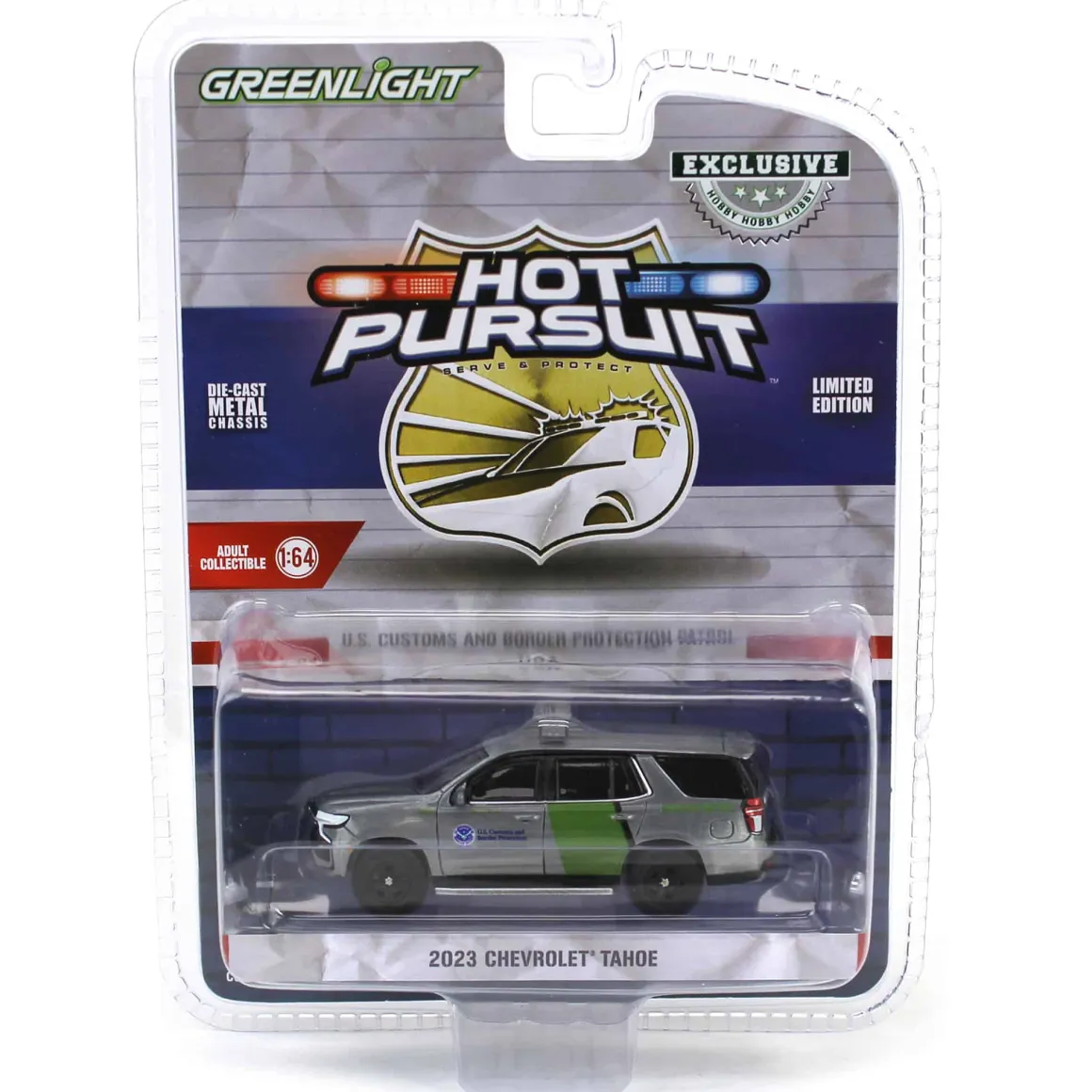 Raw Chase Unit ~ 1/64 2023 Chevrolet Tahoe, US Customs & Border Patrol, Hot Pursuit Special Edition