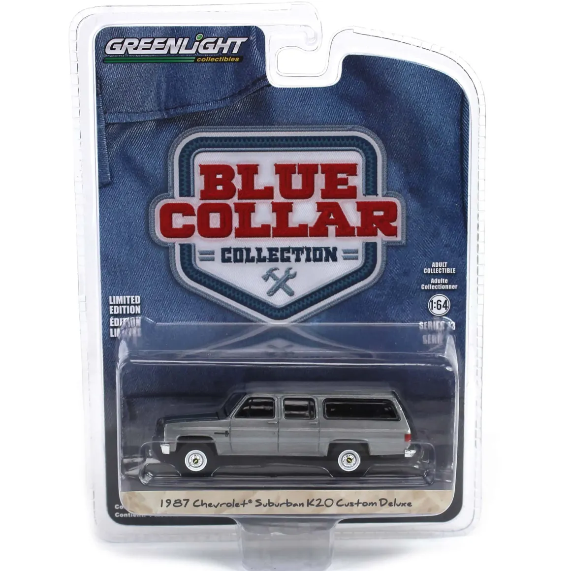 Raw Chase Unit ~ 1/64 1987 Chevrolet Suburban K20 Custom Deluxe, Construction Yellow, Blue Collar Series 13