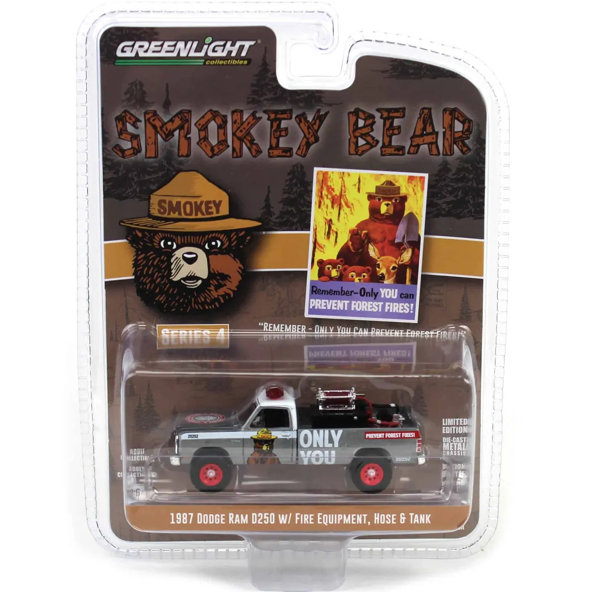 Raw Chase Unit ~ 1/64 1987 Dodge Ram D250 with Fire Equipment, Hose & Tank, Smokey Bear Series 4