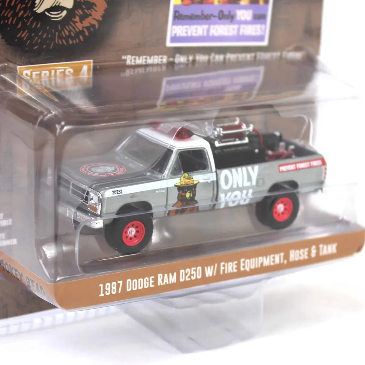 Raw Chase Unit ~ 1/64 1987 Dodge Ram D250 with Fire Equipment, Hose & Tank, Smokey Bear Series 4
