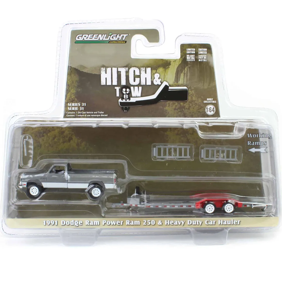 Raw Chase Unit ~ 1/64 1991 Dodge Ram Power Ram 250 with Heavy Duty Car Hauler, Hitch & Tow Series 31