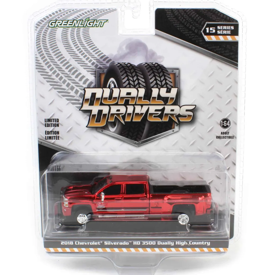 Red Chrome Super Chase ~ 1/64 2018 Chevrolet Silverado 3500 HD Dually High Country, Cajun Red Metallic, Dually Drivers Series 15