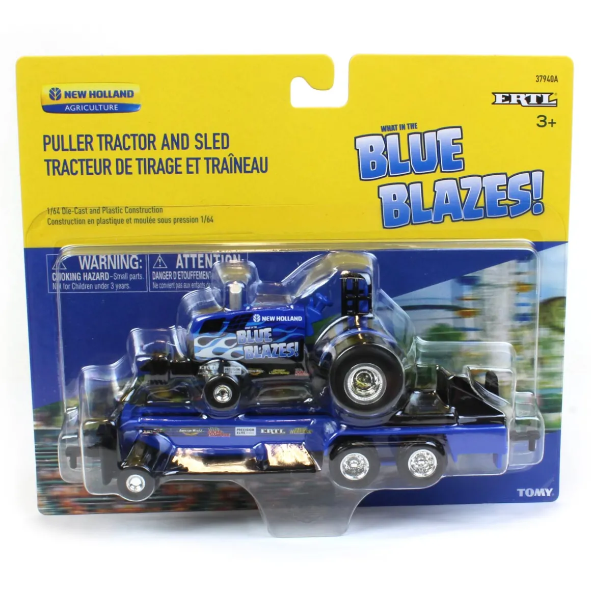 Set of 2 ~ 1/64 New Holland "Blue Blazes" & "Midnight Blue" Pulling Tractors with Sleds