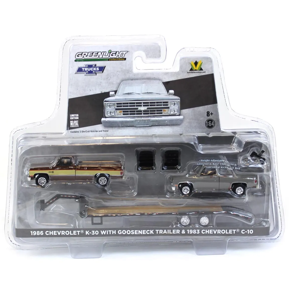 Set of 3 Color Variations ~ 1/64 Chevy K-30 Longbed w/ Gooseneck & Project Truck, Greenlight Exclusive