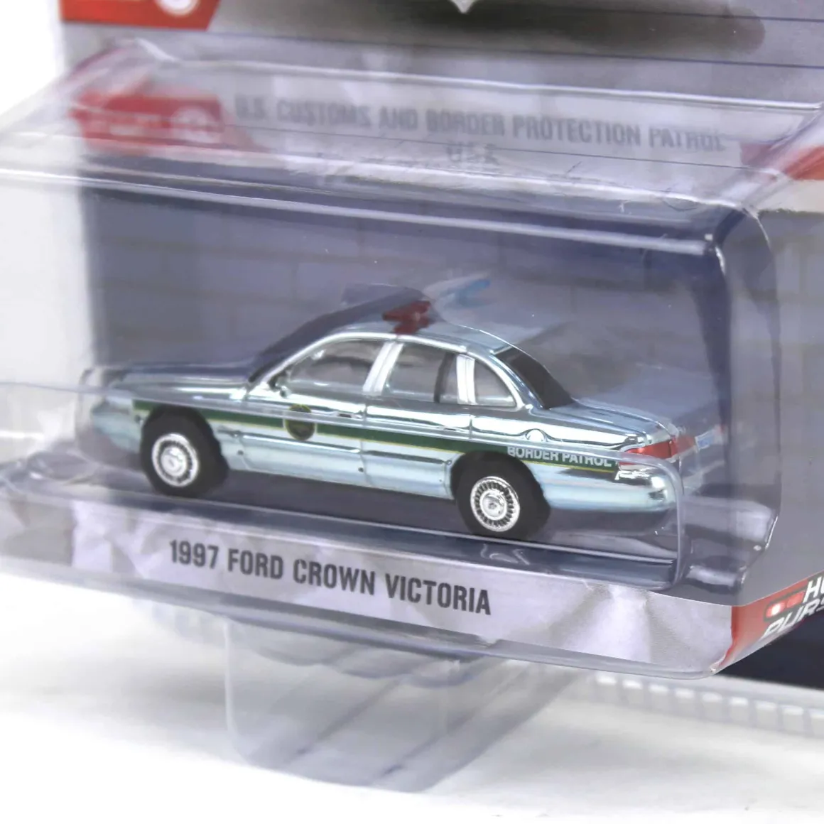 Silver Chrome Super Chase ~ 1/64 1997 Ford Crown Victoria, US Customs & Border Patrol, Hot Pursuit Special Edition