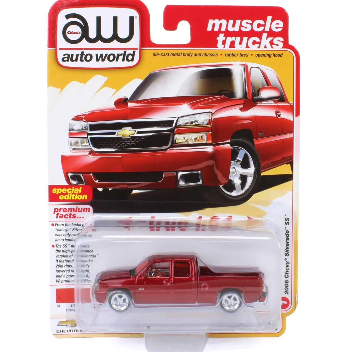 Ultra Red Chase ~ 1/64 2006 Chevrolet Silverado SS Extended Cab Fleetside Pickup Truck, Victory Red, Auto World