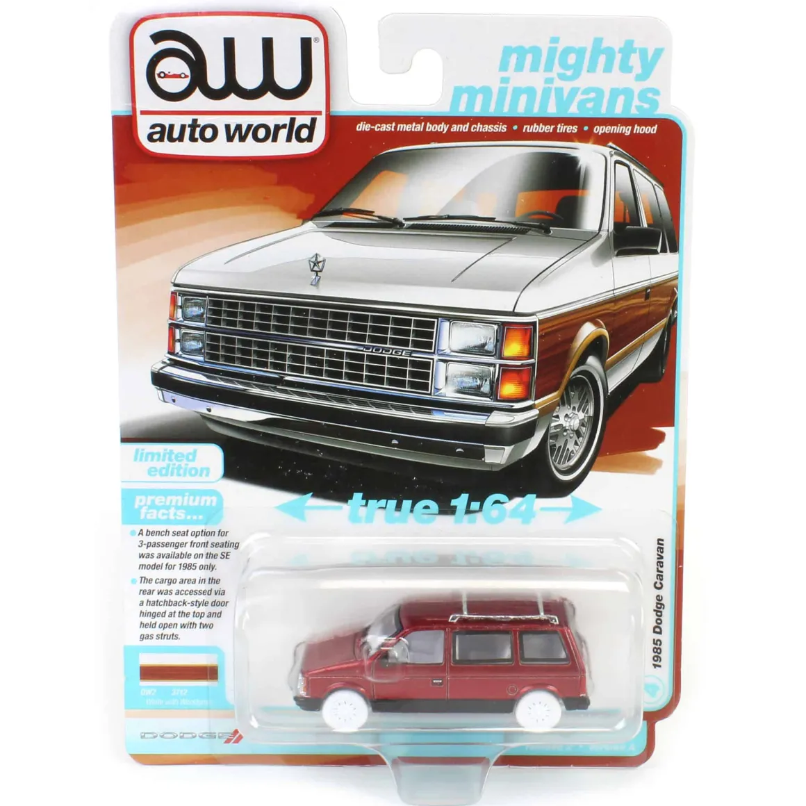 Ultra Red Chase ~ 1/64 Auto World 1985 Dodge Caravan, DW2 White with Woodgrain