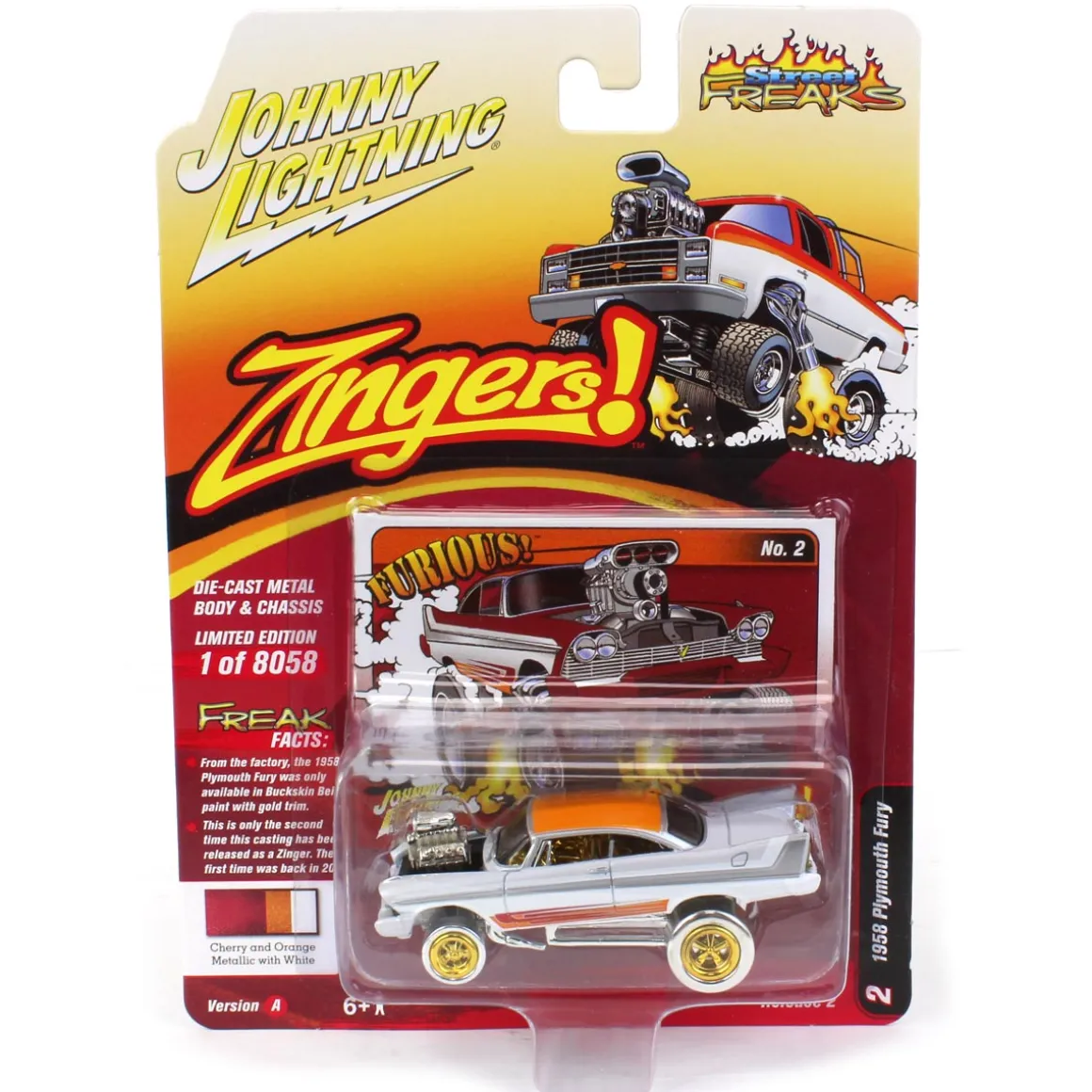 White Lightning ~ 1/64 Johnny Lightning Street Freaks 2022 Release 2A - 1958 Plymouth Fury, Zingers
