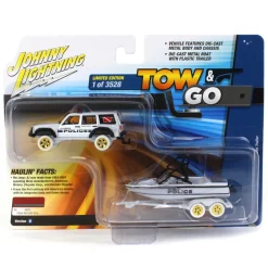 White Lightning ~ 1/64 Johnny Lightning 1988 Jeep Cherokee with Mastercraft Boat & Light Bar