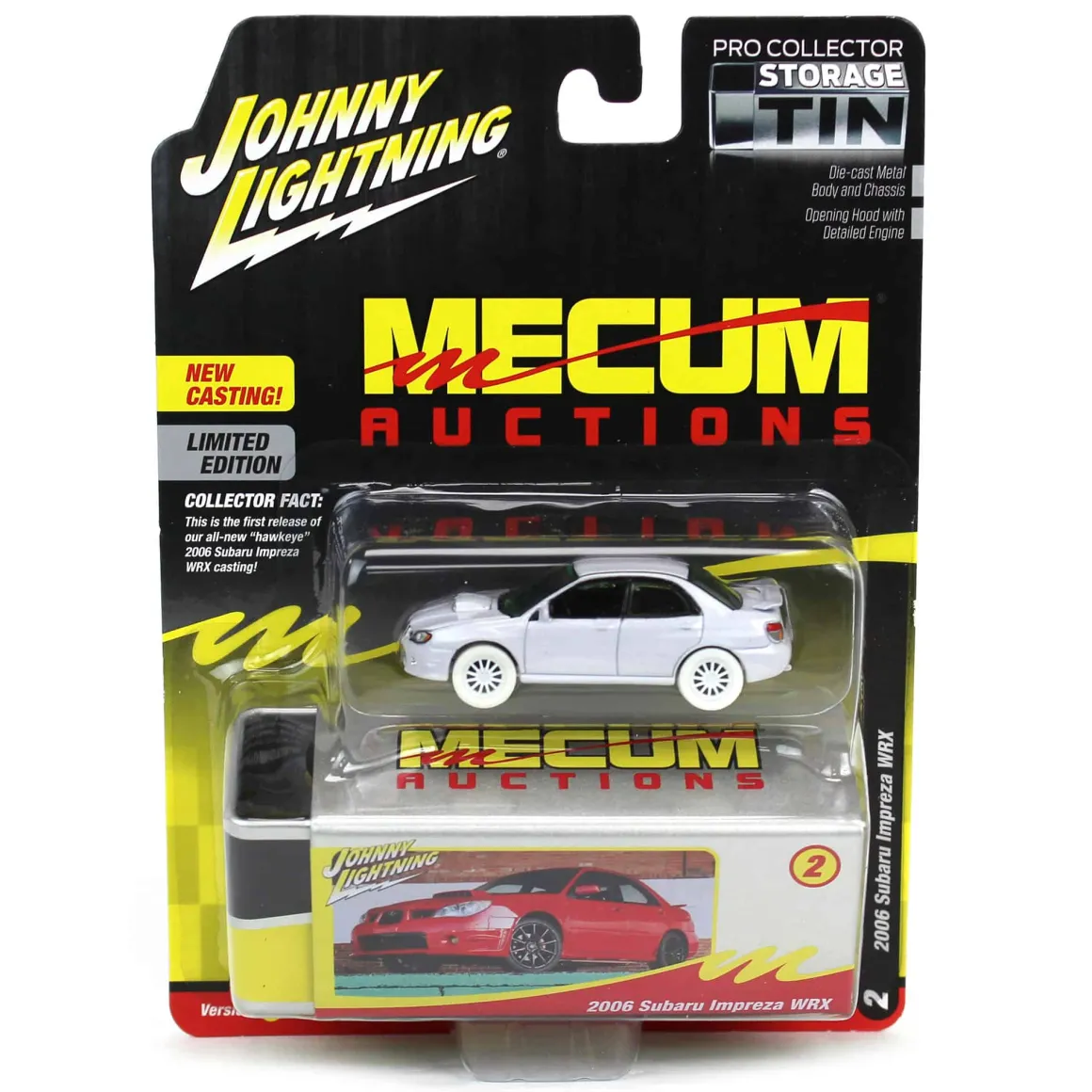 White Lightning Chase ~ 1/64 2006 Subaru Impreza WRX, White, Mecum Auctions, Johnny Lightning Collector Tin Series 15